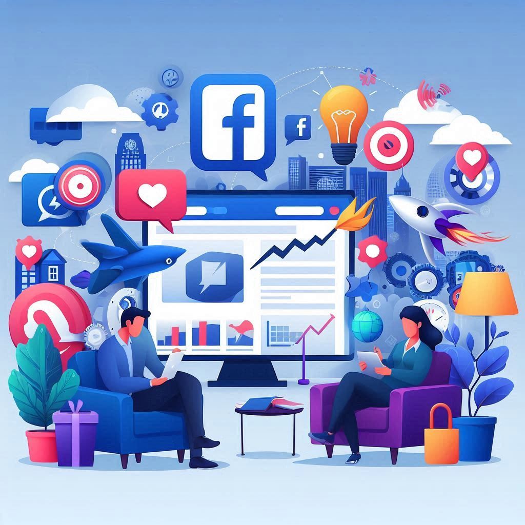 Illustration marketing digital - Équipe travaillant sur la visibilité en ligne avec réseaux sociaux, analyses et stratégies digitales