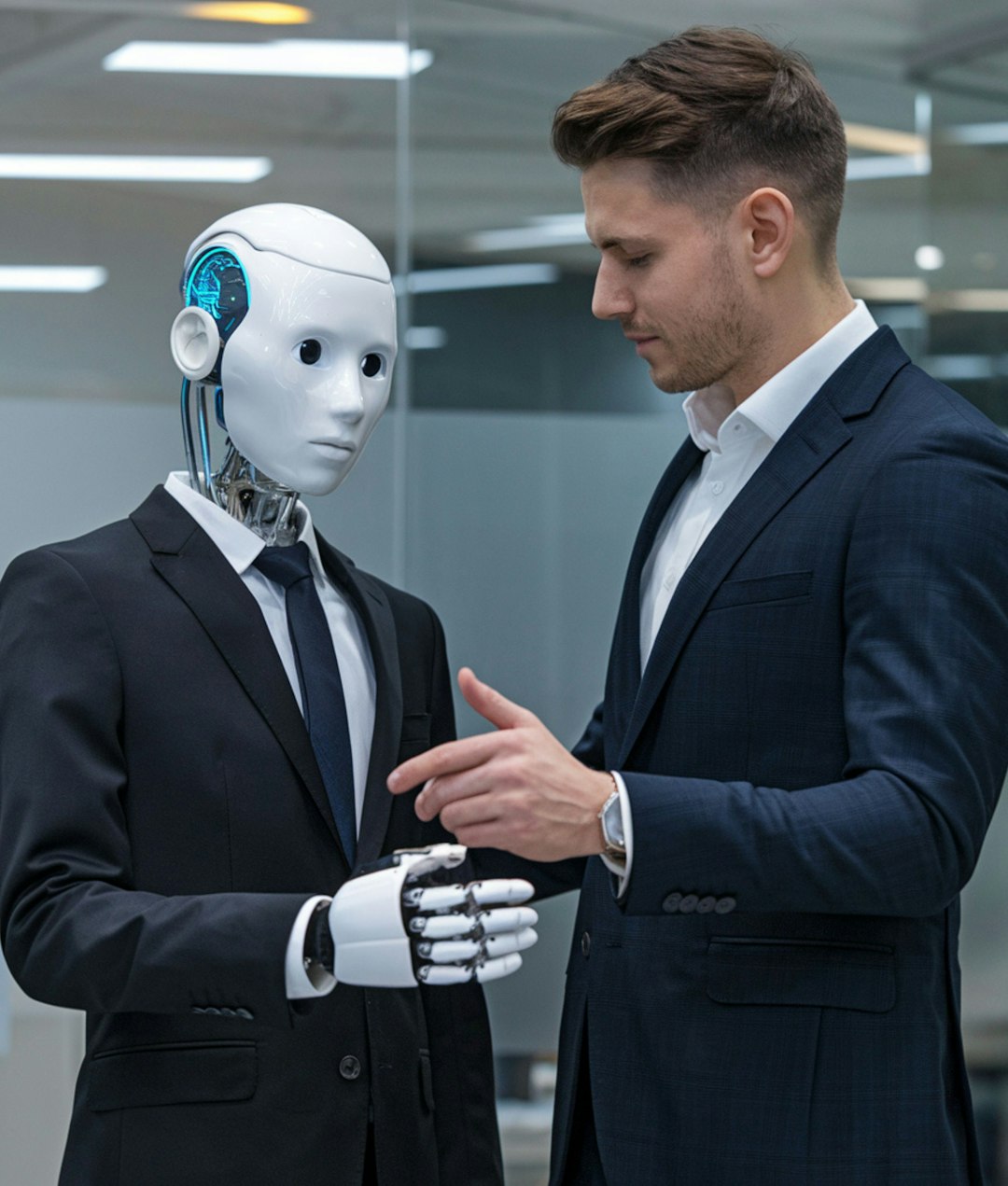 Employé serrant la main à son clone IA